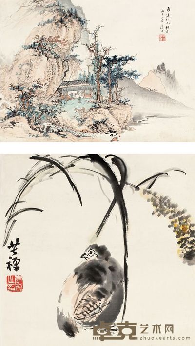 李苦禅 吴镜汀 1936年作 幽情 溪山行旅 镜片 26.5×36.5cm；33.5×34.5cm