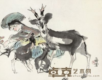 程十发 少女与鹿 立轴 37×46.5cm