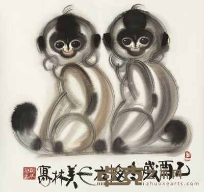 韩美林 2005年作 双猴 镜片 46.5×49.5cm