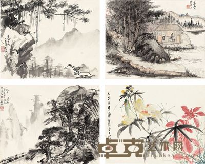 陆俨少 吴湖帆 钱松嵒 江寒汀 1952年作 山水花鸟 镜框 28.5×36cm