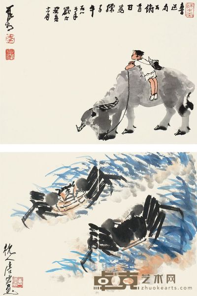 李可染 唐云 1983年作 孺子牛 荷塘清趣 (二件) 镜片 32×43.5cm×2
