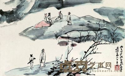 张大千 1966年作 清谈 镜片 36×59.5cm