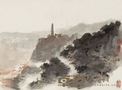 傅抱石 云霄宝塔 镜片 45.5×34cm