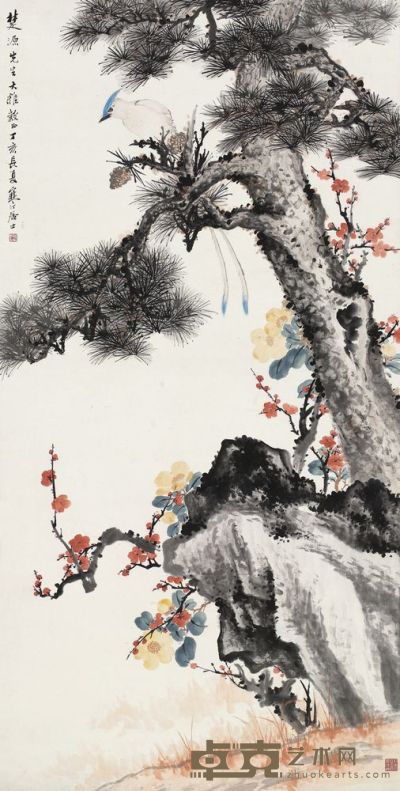 江寒汀 1947年作 松寿长年 镜片 139×70cm