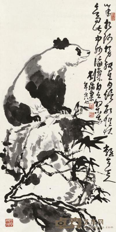 刘海粟 竹石熊猫图 立轴 136.5×68cm