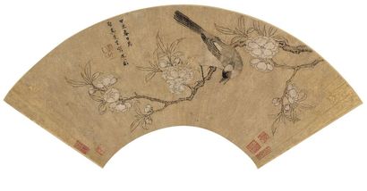 吴彬 桃花栖禽 扇面