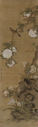 陆治 1572年作 画眉绣球图 立轴