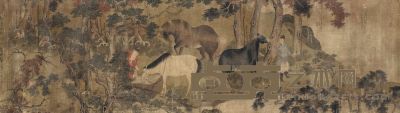 赵雍 （款） 1342年作 秋郊饮马 镜片 141.5×40cm
