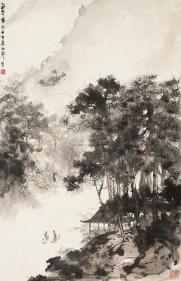 傅抱石 松荫访旧图 立轴