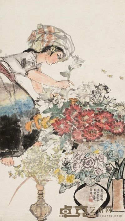 程十发 瑞丽花市 立轴 68×39cm