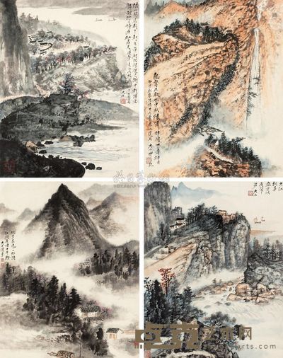 唐云 1963年作 江湖纪游 （四件） 四屏 26×34cm×4