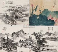 吴湖帆 谢稚柳 吴琴木 楼辛壶 山水花卉四景 （四件） 镜框