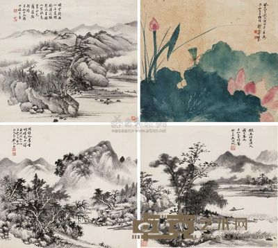 吴湖帆 谢稚柳 吴琴木 楼辛壶 山水花卉四景 (四件) 镜框 34×37.5cm×4