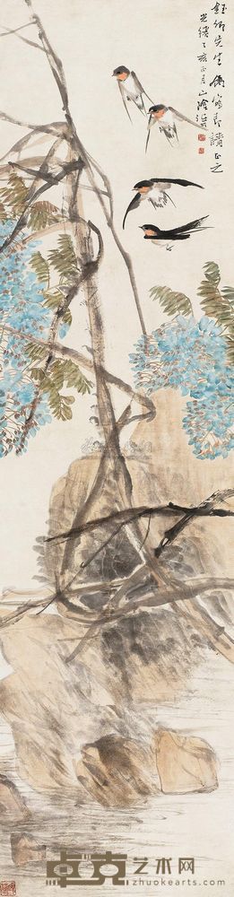 任伯年 1875年作 紫藤燕舞 立轴 174×45cm