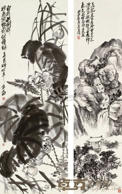 吴昌硕 飞泉深潭 荷塘逸趣对轴 （二件） 立轴 132×33cm；121×42cm