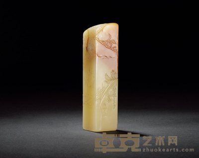 寿山巧色善伯石“杏花春雨江南”薄意章 2.3×2.3×9cm