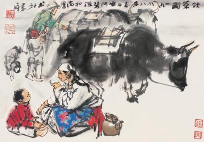 史国良 1998年作 饮茶图 镜框