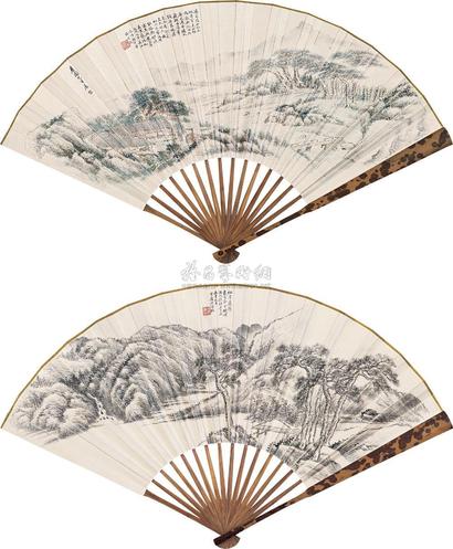 沈塘 1896年作、1898年作 春水小筑图 成扇（湘妃竹骨）