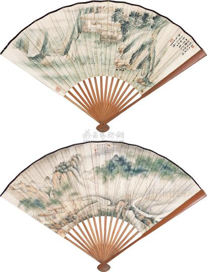 许文熊 1933年作 潇湘烟雨 夏日山居图 成扇