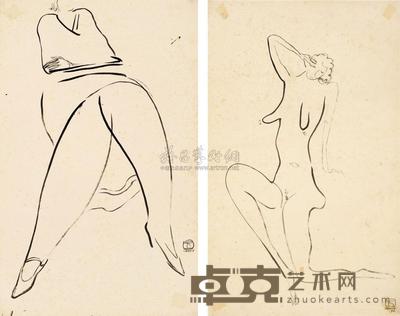 常玉 约1930年作 宇宙的大腿/火柴棍裸女 44.8×28.4cm；44.6×27.5cm