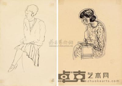 常玉 约1930年作 画速写的女子 （两幅） 48×31.2cm；41.2×30.5cm