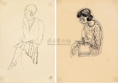 常玉 约1930年作 画速写的女子 （两幅）