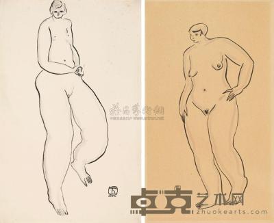 常玉 约1930年作 站立的裸女/侧立的裸女 56.1×32.1cm；44.4×27.8cm