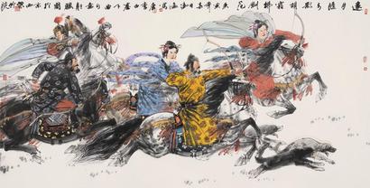 冯远 庚寅（2010年）作 射猎图 镜心