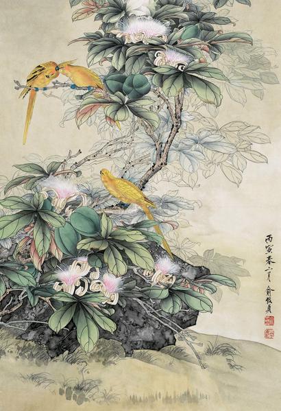 俞致贞 丙寅（1986年）作 繁花鹦鹉 立轴