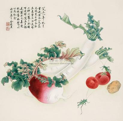 俞致贞 丙寅（1986年）作 萝卜草虫 镜心