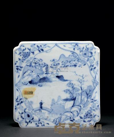清初 青花开光人物瓷砖 32.5×32.5cm