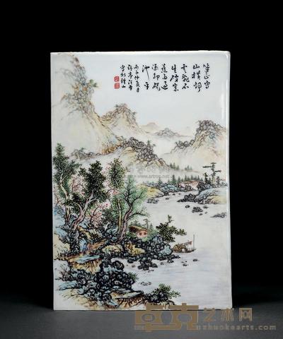 民国 汪野亭款粉彩山水瓷板 36×25cm