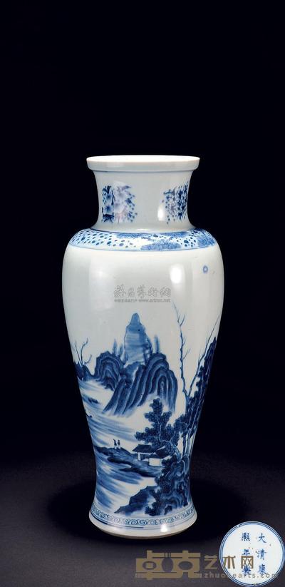 清 青花山水人物观音瓶 高37.5cm