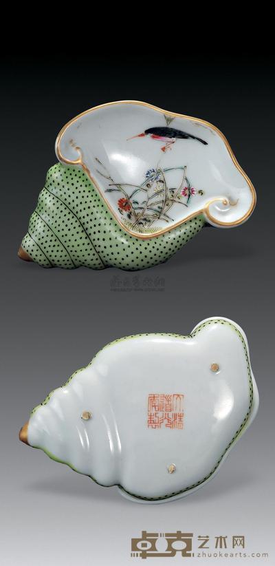 清道光 粉彩花鸟纹螺形笔舔 长9cm