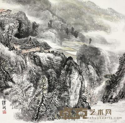 谭开 山居图 镜片 68×68cm