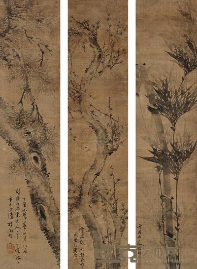 罗清 三友图 三屏 120×27cm×3