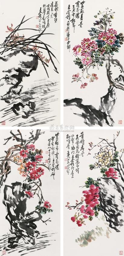 王个簃 花鸟 四屏