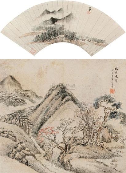 李世倬 赵左 秋林晓翠·云山图 立轴