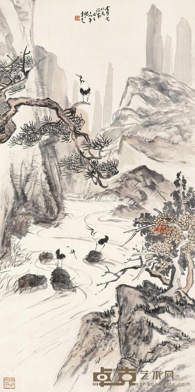 张聿光 1930年作 松岭鹤舞图 立轴 132×66cm
