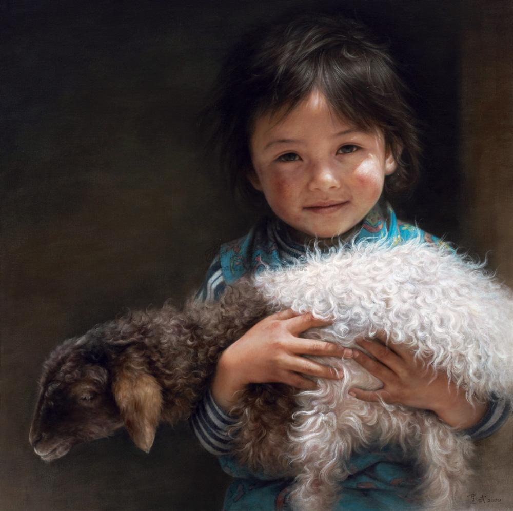 谭建武 2010年作 小卓玛与她的羊 100×100cm