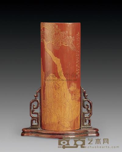 清 竹雕洗耳图臂搁 高27.5cm