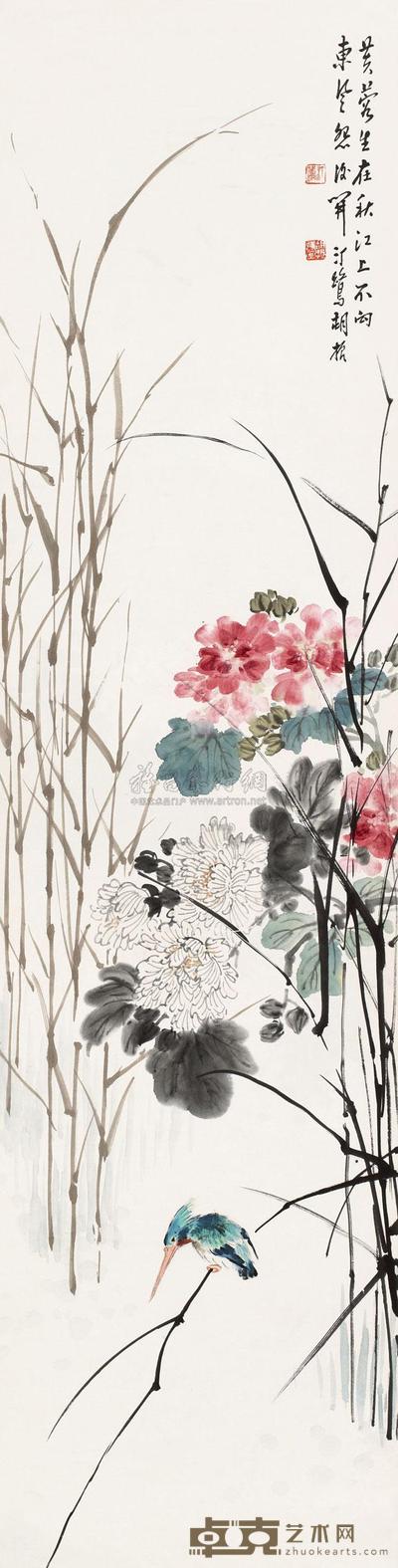 胡振 秋江芙蓉 立轴 132×34cm