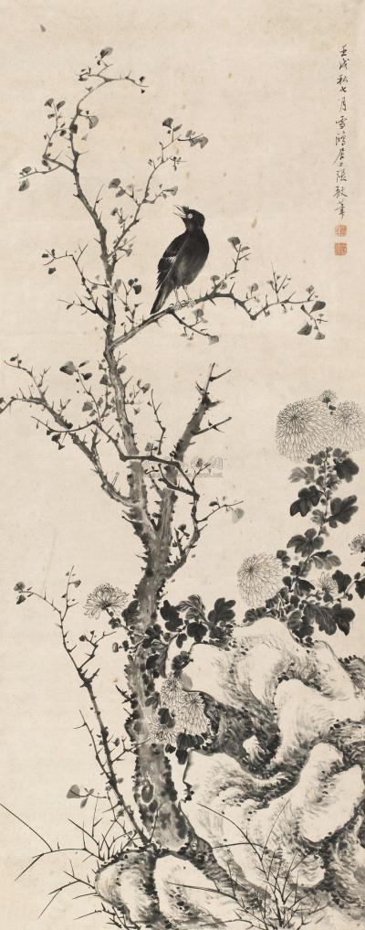 张敔 1802年作 菊花八哥 立轴