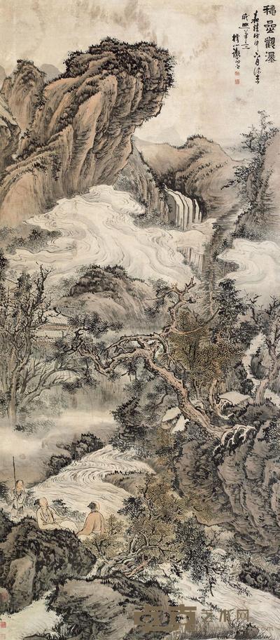 谢时臣 1548年作 秋岩观瀑图 立轴 293×129cm