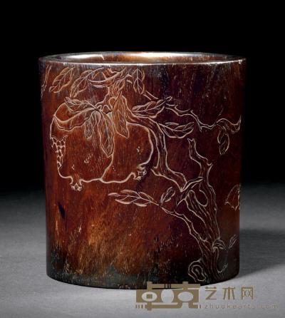清中期 黄花梨雕多子多福图笔筒 高15.5cm
