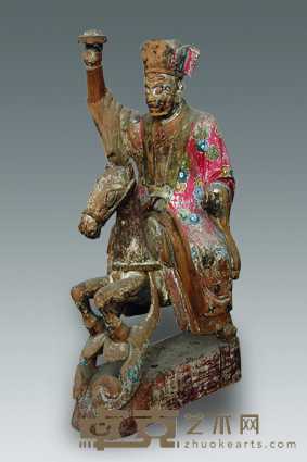咸丰 木雕天师像 （附封文） 高：55cm