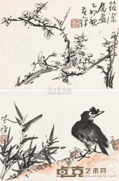 李苦禅 1975年作 花鸟 （二帧） 立轴 30×39cm×2