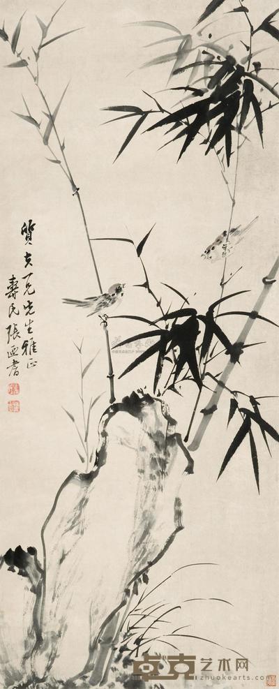 张乃耆 竹雀图 立轴 91×37cm