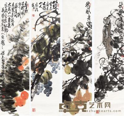姜宝林 花鸟 四屏 134×34cm×4
