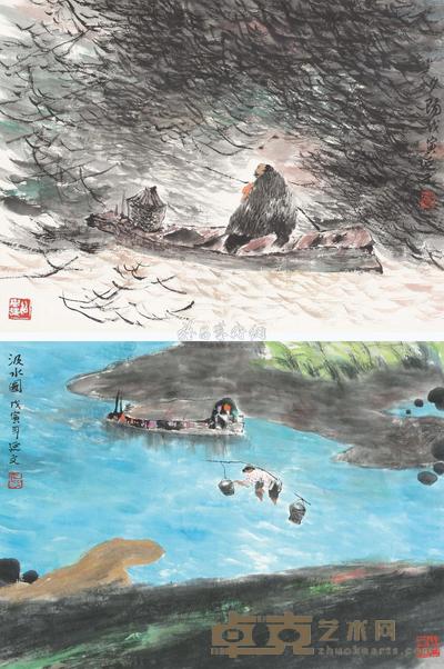 杨延文 夕阳、汲水图 镜心 33.5×45cm×2